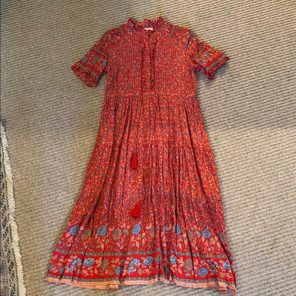 Vibrant Red Floral Dress with Short Sleeves